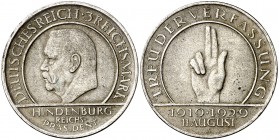 1929. Alemania. A (Berlín). 3 marcos. (Kr. 63). 14,95 g. AG. 10º Aniversario de la Constitución de Weimar. EBC.
