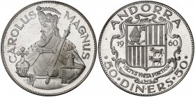 1960. Andorra. 50 diners. (Kr.UWC. M1). 28,11 g. AG. Carlomagno. Acuñación de 3100 ejemplares. Proof.