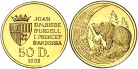 1992. Andorra. 50 diners. (Fr. 15) (Kr. 77). 15,55 g. AU. Conservación de la Naturaleza. En estuche oficial con certificado. Proof.
