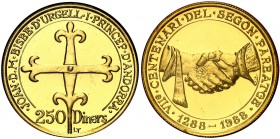 1988. Andorra. 250 diners. (Fr. 4) (Kr. 45). 12 g. AU. VIIè Centenari del Segon Pareatge. En epositor oficial. Acuñación de 3000 ejemplares con certif...
