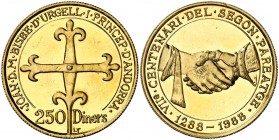 1988. Andorra. 250 diners. (Fr. 4) (Kr. 45). 11,98 g. AU. VIIè Centenari del Segon Pareatge. Acuñación de 3000 ejemplares. Golpecito. S/C.