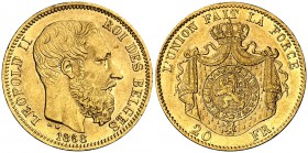 1868. Bélgica. Leopoldo II. 20 francos. (Fr. 412) (Kr. 32). 6,43 g. AU. MBC+.