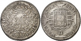 1820. Brasil. Juan VI. R (Río). 960 reis. (Kr. 326.1). 26,91 g. AG. Acuñada sobre un real de a 8 español. MBC+.