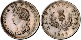 1823. Canadá. Nueva Escocia. Jorge IV. Token de 1/2 penique. (Kr. 1). 9,37 g. CU. EBC-.