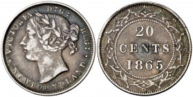1865. Canadá. Terranova. Victoria. 20 centavos. (Kr. 4). 4,66 g. AG. MBC.