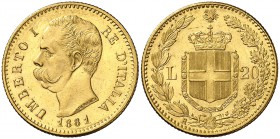 1881. Italia. Humberto I. R (Roma). 20 liras. (Fr. 21) (Kr. 21). 6,44 g. AU. Bella. Escasa así. EBC+.