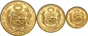 1965 y 1966. Perú. Lima. 20, 50 y 100 soles. (Fr. 78 a 80) (Kr. 229 a 231). 79,42 g. AU. Serie de 3 monedas. S/C-.