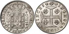 1810. Portugal. Juan. Príncipe Regente. 400 reis. (Kr. 331). 14,67 g. AG. Golpecito en canto del reverso. MBC+.