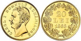 2005. Rumanía. 20 lei. AU. 6,43 g. Reacuñación oficial de la moneda de 20 lei de 1868. En estuche oficial con certificado. Acuñación de 250 ejemplares...