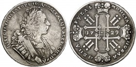 1729. Rusia. Pedro II. 1 rublo. (Kr. 182.3). 28,09 g. AG. Rara. MBC-/MBC.
