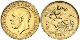 1930. Sudáfrica. Jorge V. SA. 1 libra. (Fr. 5) (Kr. A22). 7,96 g. AU. Sirvió como joya. Falsa de joyería. (MBC-).