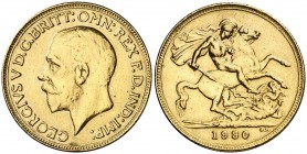 1930. Sudáfrica. Jorge V. SA. 1 libra. (Fr. 5) (Kr. A22). 7,96 g. AU. Sirvió como joya. Falsa de joyería. (MBC).