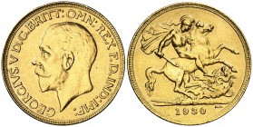 1930. Sudáfrica. Jorge V. SA. 1 libra. (Fr. 5) (Kr. A22). 7,98 g. AU. Sirvió como joya. Falsa de joyería. (MBC-).