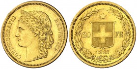 1883. Suiza. 20 francos. (Fr. 495) (Kr. 31.1). 6,45 g. AU. Leves golpecitos. EBC-.