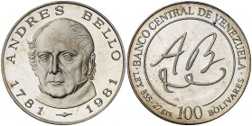 1981. Venezuela. 100 bolívares. (Kr. 57). 26,84 g. AG. Andrés Bello. Proof.