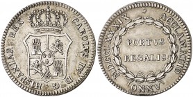 1789. Carlos IV. Puerto Real. Proclamación. Módulo 2 reales. (Ha. 87) (V. 92). 7 g. Plata. Defecto en canto. Bella pátina. EBC.