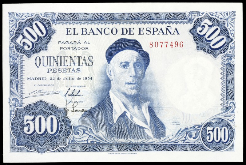 1954. 500 pesetas. (Ed. D69). 22 de julio, Zuloaga. Sin serie. Leve doblez. Raro...