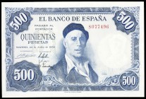 1954. 500 pesetas. (Ed. D69). 22 de julio, Zuloaga. Sin serie. Leve doblez. Raro. EBC+.