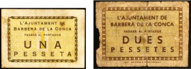Barberà de la Conca. 1 y 2 pesetas. (T. 365a y 366). Serie completa de 2 billetes. Raros. BC-/MBC-.