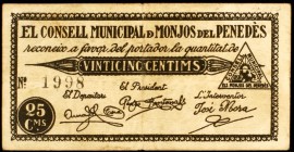 Monjos del Penedés. 25 céntimos. (T. 1757). Raro. MBC-.