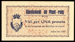 Mont-roig. 25, 50 céntimos y 1 peseta. (T. 1836, 1837b y 1838a). Serie completa de 3 billetes. Escasa así. EBC+.