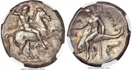CALABRIA. Tarentum. Ca. 332-302 BC. AR stater or didrachm (21mm, 7.91 gm, 4h). NGC Choice AU S 5/5 - 4/5, Fine Style Ca. 315-300 BC. Sa-, W- and S-, m...