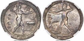 BRUTTIUM. Caulonia. Late 6th century BC. AR stater or nomos (30mm, 7.65 gm, 12h). NGC Choice AU 4/5 - 4/5, flan flaw. Ca. 530 BC. KAVΛ, full-length fi...
