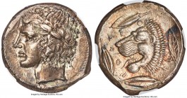 SICILY. Leontini. Ca. 450-420 BC. AR tetradrachm (26mm, 17.46 gm, 2h). NGC AU 4/5 - 4/5, Fine Style. Laureate head of Apollo left / LE-O-N-TI-N-ON, he...
