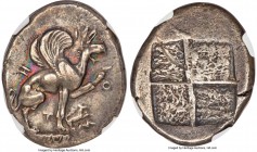 IONIA. Teos. Ca. 460-420 BC. AR stater (25mm, 11.63 gm). NGC Choice XF 5/5 - 3/5, scuffs. T-H-I-O-N (N retrograde), griffin seated right on egg and da...