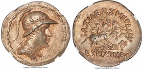 BACTRIAN KINGDOM. Eucratides I the Great (ca. 170-145 BC). AR tetradrachm (34mm, 17.01 gm, 11h). NGC MS 5/5 - 5/5. Draped and cuirassed bust of Eucrat...