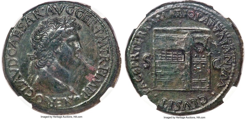 Nero (AD 54-68). AE sestertius (35mm, 27.63 gm, 6h). NGC XF 5/5 - 2/5, smoothing...