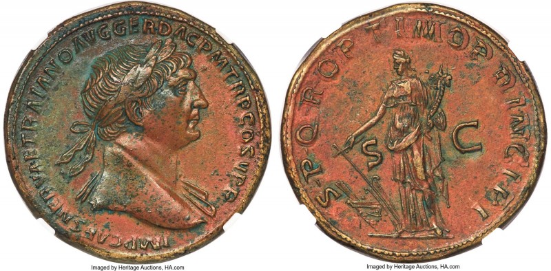 Trajan (AD 98-117). AE sestertius (33mm, 24.96 gm, 5h). NGC Choice AU 5/5 - 4/5,...