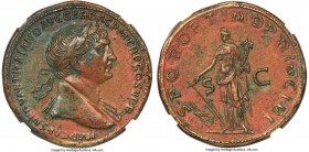 Trajan (AD 98-117). AE sestertius (33mm, 24.96 gm, 5h). NGC Choice AU 5/5 - 4/5, Fine Style, die shift. Rome, AD 103-111. IMP CAES NERVAE TRAIANO AVG ...