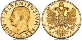 Zog I gold Prova 100 Franga Ari 1928-R MS62 NGC, Rome mint, KM-Pr36, Fr-7, Pag-790. Mintage: 50. By G. Romagnoli. Bare Head, Without Wreath variety. D...