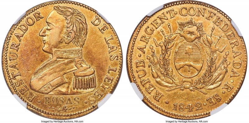 La Rioja. Provincial gold 8 Escudos 1842-R AU55 NGC, La Rioja mint, KM14 (Rare),...