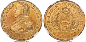 La Rioja. Provincial gold 8 Escudos 1842-R AU55 NGC, La Rioja mint, KM14 (Rare), Fr-10, Onza-1575 (few examples known), Janson-51. Exceedingly scarce ...