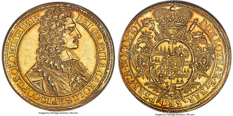 Olmütz. Karl III Josef gold 5 Ducat 1707 UNC Details (Plugged) NGC, Kremsier min...