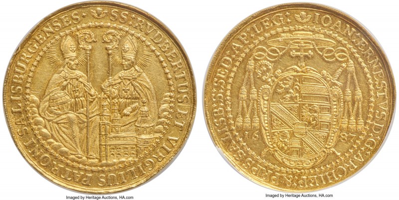 Salzburg. Johann Ernst gold 12 Ducat 1687 UNC Details (Rim Damage) NGC, KM264 (R...