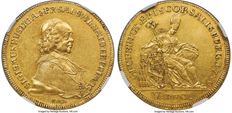 Salzburg. Sigismund III gold 5 Ducat 1759-FMK AU55 NGC, KM396, Fr-868, Probszt-2...