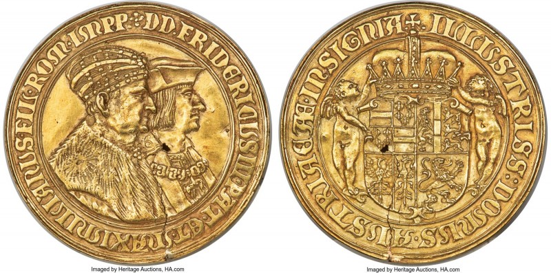 Maximilian I gold "Friedrich III Memorial" Medal ND (1531) AU (damaged, flan cra...