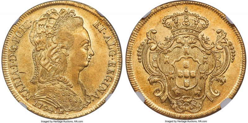 Maria I gold 6400 Reis 1794-R UNC Details (Obverse Damage) NGC, Rio de Janeiro m...