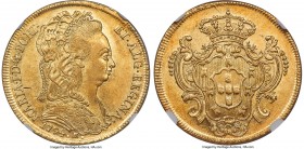 Maria I gold 6400 Reis 1794-R UNC Details (Obverse Damage) NGC, Rio de Janeiro mint, KM226.1, LMB-532. Brightly lustrous and uncirculated, with isolat...