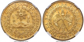 Republic gold 8 Escudos 1832 So-I MS62 NGC, Santiago mint, KM84, Fr-33, Onza-1625. Of very scarce quality for this imagery-laden type, displaying a vo...