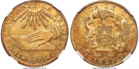 Republic gold 8 Escudos 1835 So-IJ MS63 NGC, Santiago mint, KM93, Fr-37, Onza-1630. A pleasing example of this popular "Hand on Book" type, boldly str...