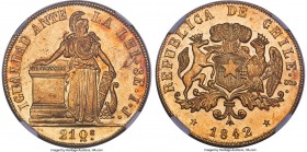 Republic gold 8 Escudos 1842 So-IJ MS62 NGC, Santiago mint, KM104.1, Fr-41, Onza-1641. A difficult issue in a Mint State condition, with only a handfu...