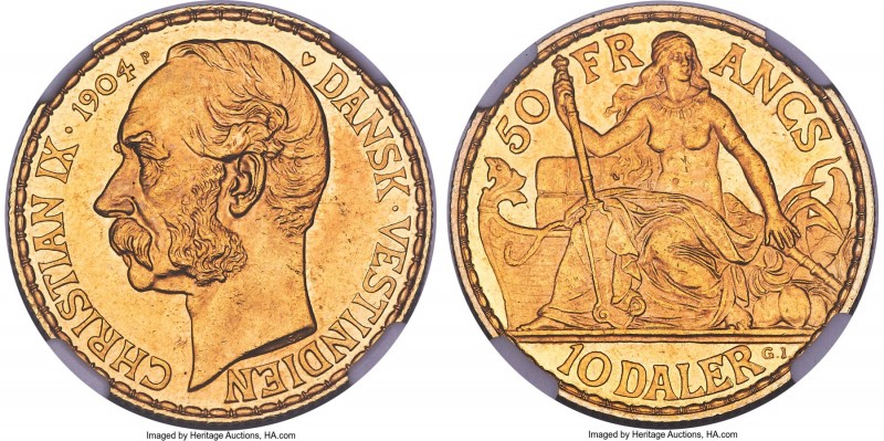 Danish Colony. Christian IX gold 10 Daler (50 Francs) 1904-(h) MS63 NGC, Copenha...
