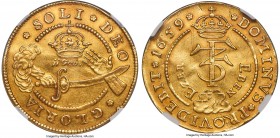 Frederick III gold "Ebenezer" 5 Ducat (1/2 Portugalöser) 1659 AU Details (Reverse Scratched) NGC, Copenhagen mint, KM-Unl., Fr-124 (Rare), Schou-4, He...