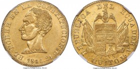 Republic gold 8 Escudos 1845 QUITO-MV MS62+ NGC, Quito mint, KM30, Fr-7, Onza-1764 (Very Rare). Flagpoles below arms variety. A great rarity of the La...