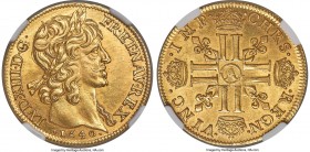 Louis XIII gold 2 Louis d'Or 1640-A UNC Details (Obverse Repaired) NGC, Paris mint, KM108, Fr-409, Gad-59, Dup-1297. "IMP" in reverse legends. An exam...