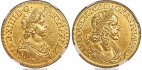 Louis XIV gold Essai "Two Effigies" Ecu ND (c. 1643) MS62 NGC, Paris mint, Ciani-1945, Gad-Unl.. 39mm. 32.30gm. Plain edge. By Jean Warin. An extremel...